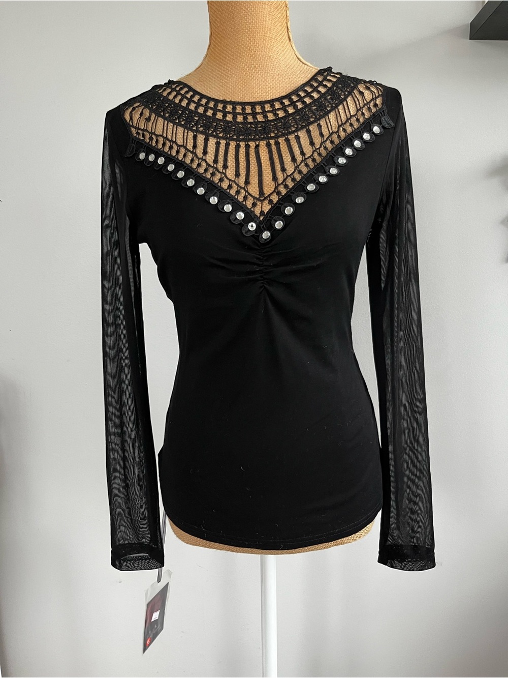 nwt red pepper black long sleeve mesh top lace rhinestone xl